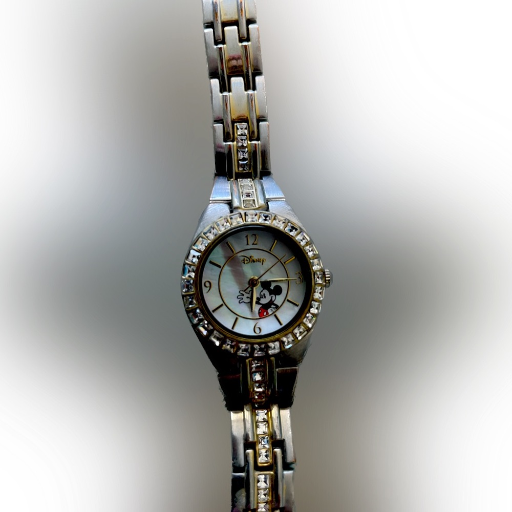 Disney Mickey Mouse two tone silver and golden metallic watch w/rhinestones. OS